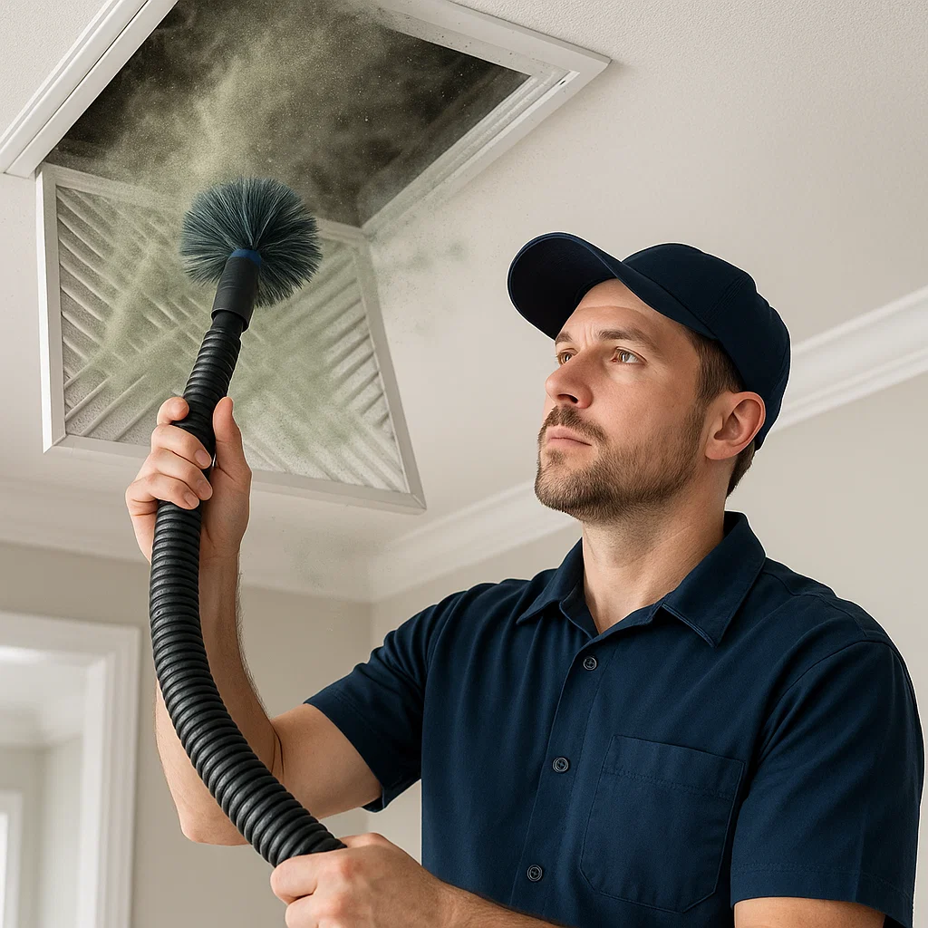 Technician cleaning supply and return ducts in a Hilshire Village TX home to remove dust, debris, pet hair, and pollen for fresher indoor air.